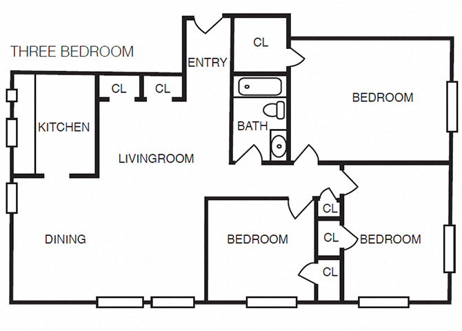 Floor plan for 3 beds, 1 bath, 950 sqft
